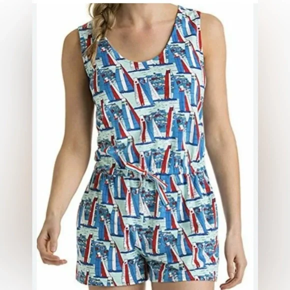 Vineyard Vines Red, Blue & White Sailboat Girls' Romper - Picture 1 of 3